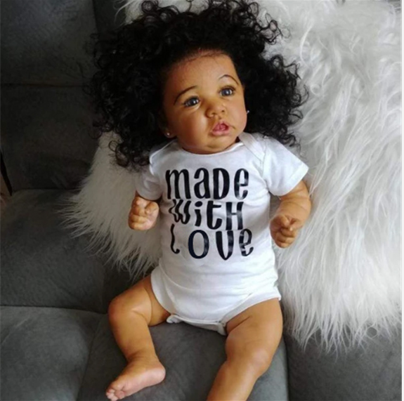 Dollreborns® African American 20'' Elsie Cute Realistic Black Silicone Reborn Baby Doll Girl With Long Curly Hair