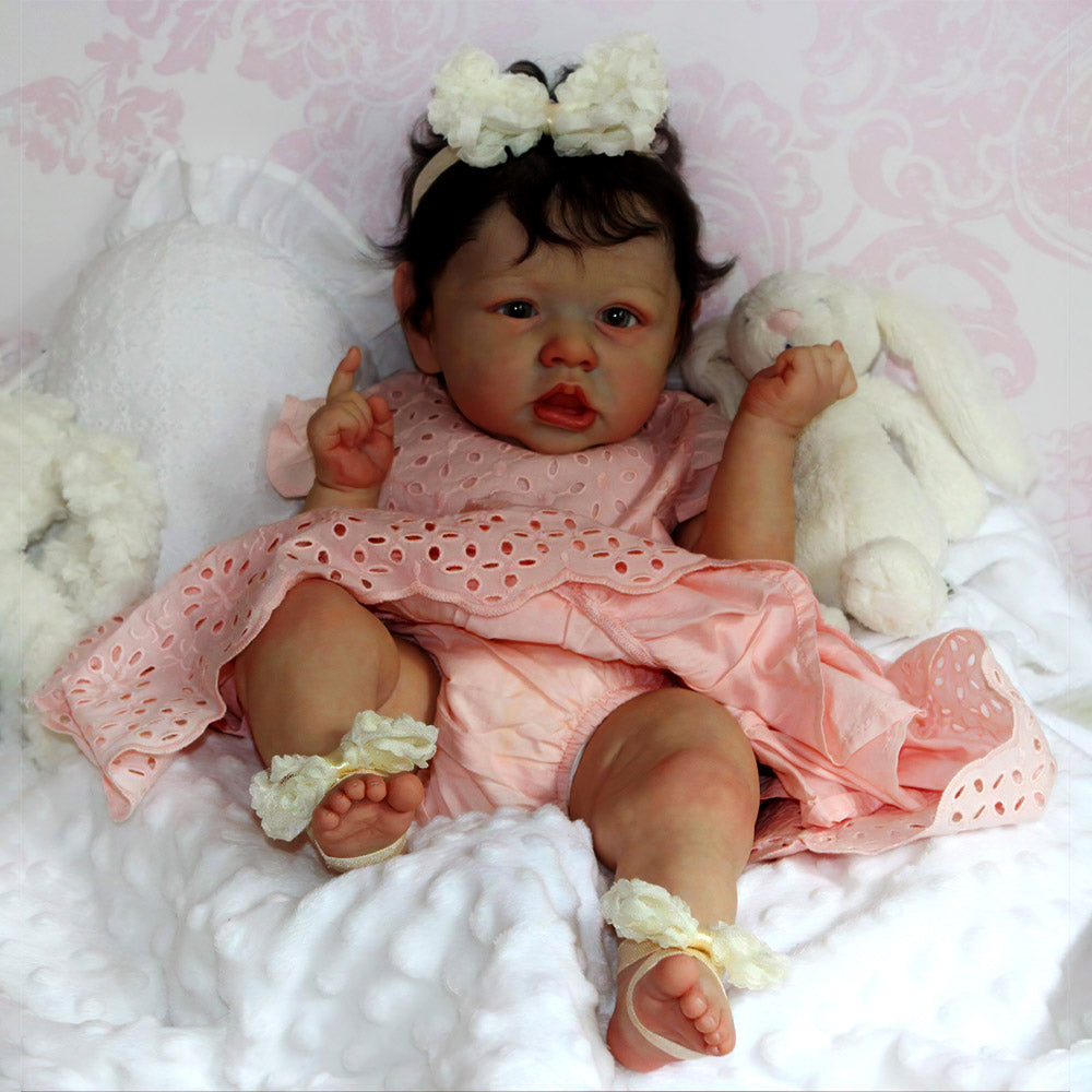 [Black Reborn Girl]African American Silicone Vinyl Reborn Baby Doll 12'' Handcrafted Christina Newborn Baby Girl with Dark Brown Hair