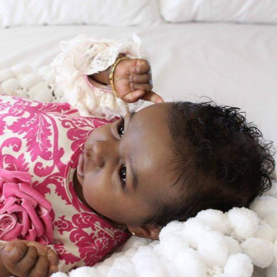 Dollreborns®Super Realistic 20'' Little Elliot Black Soft Touch Clever Reborn Baby Doll Girl with Coos and "Heartbeat"