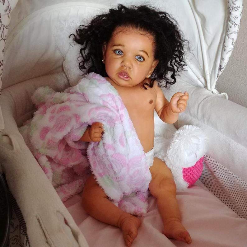 Dollreborns® African American 20'' Elsie Cute Realistic Black Silicone Reborn Baby Doll Girl With Long Curly Hair