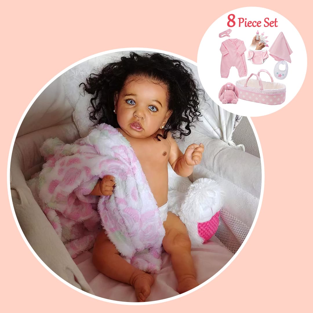 Dollreborns® African American 20'' Elsie Cute Realistic Black Silicone Reborn Baby Doll Girl With Long Curly Hair