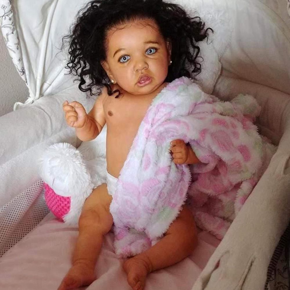 Dollreborns® African American 20'' Elsie Cute Realistic Black Silicone Reborn Baby Doll Girl With Long Curly Hair