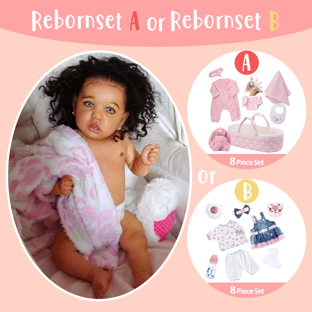 Dollreborns® African American 20'' Elsie Cute Realistic Black Silicone Reborn Baby Doll Girl With Long Curly Hair