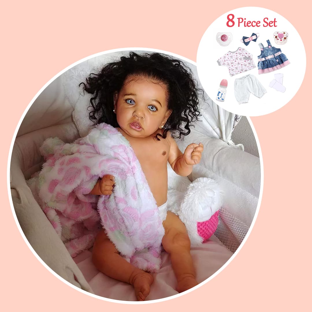 Dollreborns® African American 20'' Elsie Cute Realistic Black Silicone Reborn Baby Doll Girl With Long Curly Hair